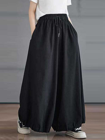 Drawstring Elasticity Pleated Pockets High Waisted Loose Pants Knickerbockers Culotte