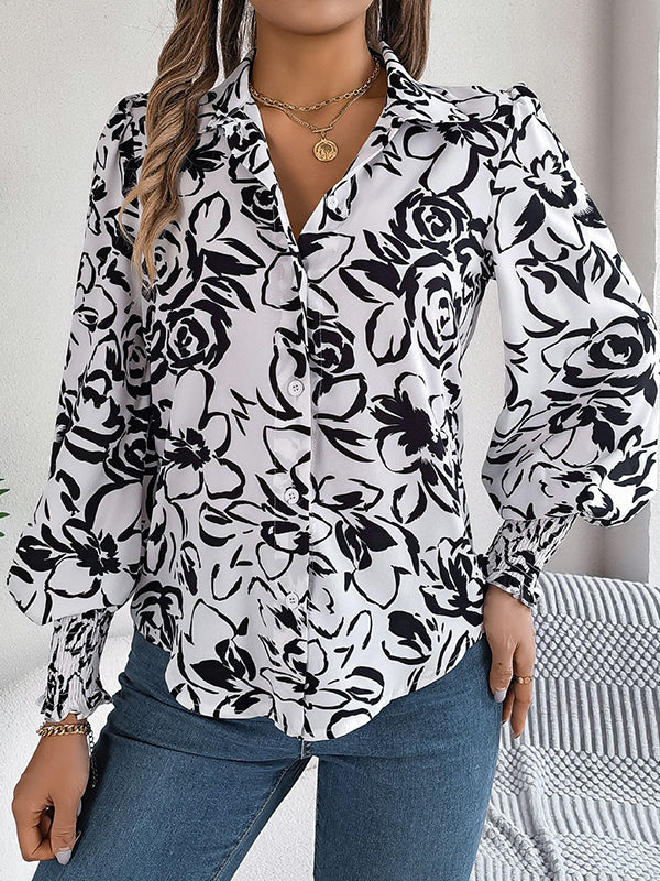 Buttoned Contrast Color Elasticity Flower Print Long Sleeves Loose Lapel Blouses&shirts Tops