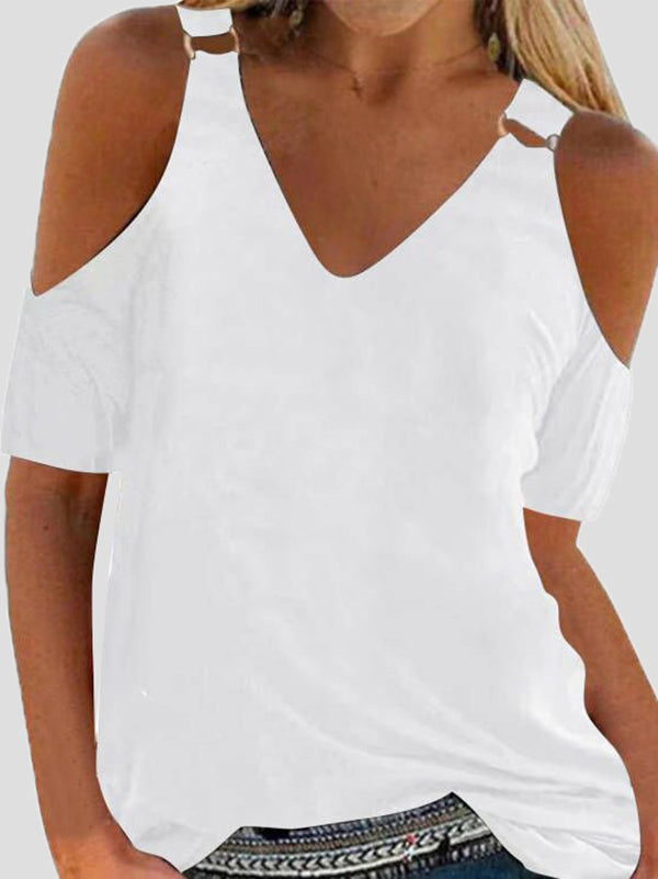 Solid Color Split-Joint Loose Short Sleeves Cold shoulder T-Shirts Tops