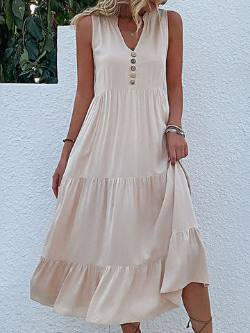 Pleated Split-Joint Loose Sleeveless V-Neck Midi Dresses