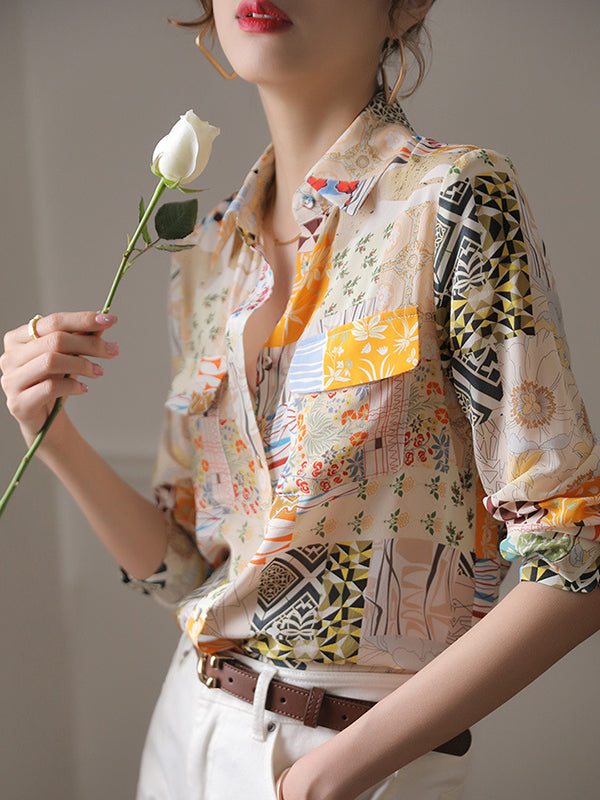 Buttoned Pockets Printed Long Sleeves Loose Lapel Blouses&shirts Tops