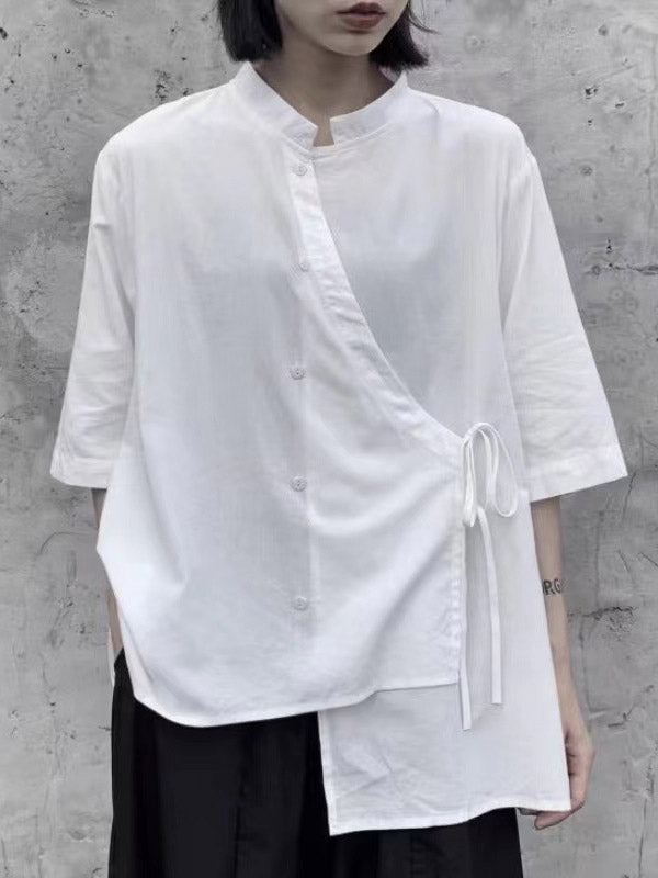 Asymmetric Buttoned Solid Color Tied Loose Raglan Sleeve Stand Collar Blouses&Shirts Tops