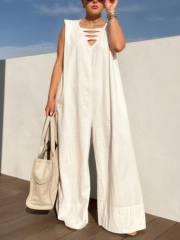 Hollow Solid Color Loose Sleeveless V-Neck Jumpsuits