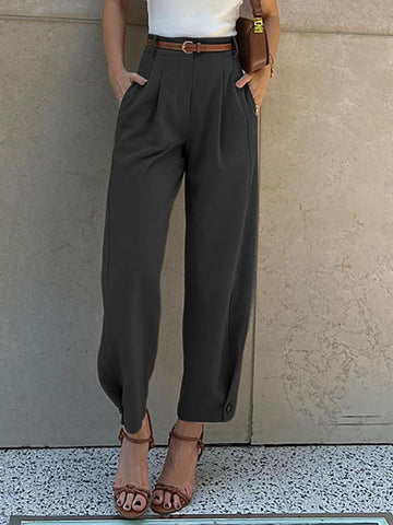 Belted Buttoned Pleated Pockets High Waisted Loose Suit Pants