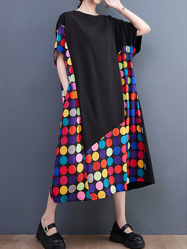 Multi-Colored Polka-Dot Split-Joint Loose Short Sleeves Round-Neck Midi Dresses