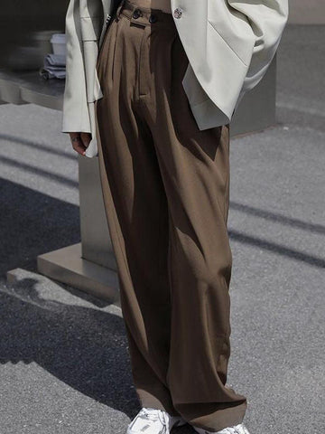 Buttoned Pleated Pockets Plain High Waisted Relaxed Fit Suit Pants