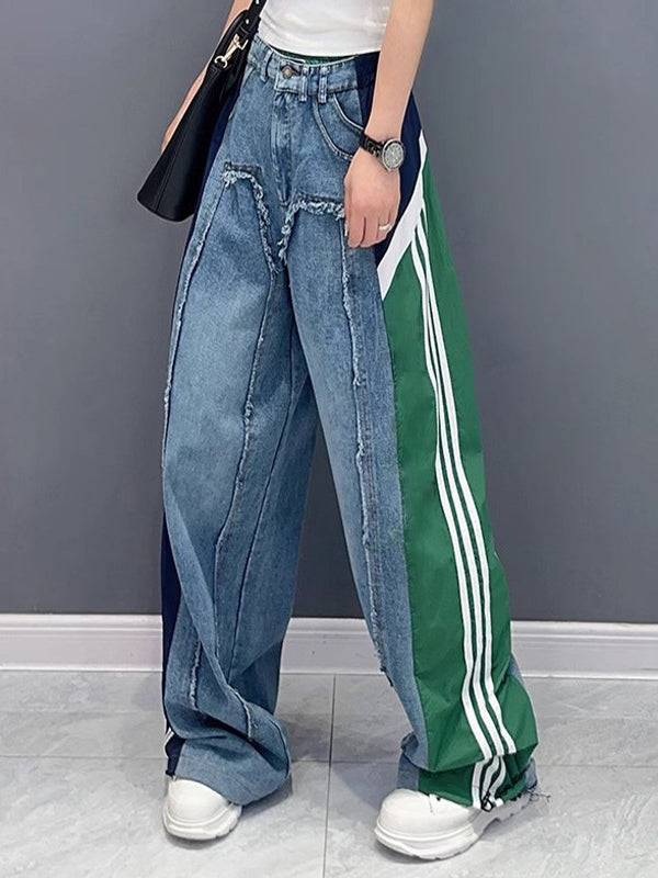 Contrast Color Drawstring Elasticity Fringed Split-Joint Loose Wide Leg Jean Pants Bottoms