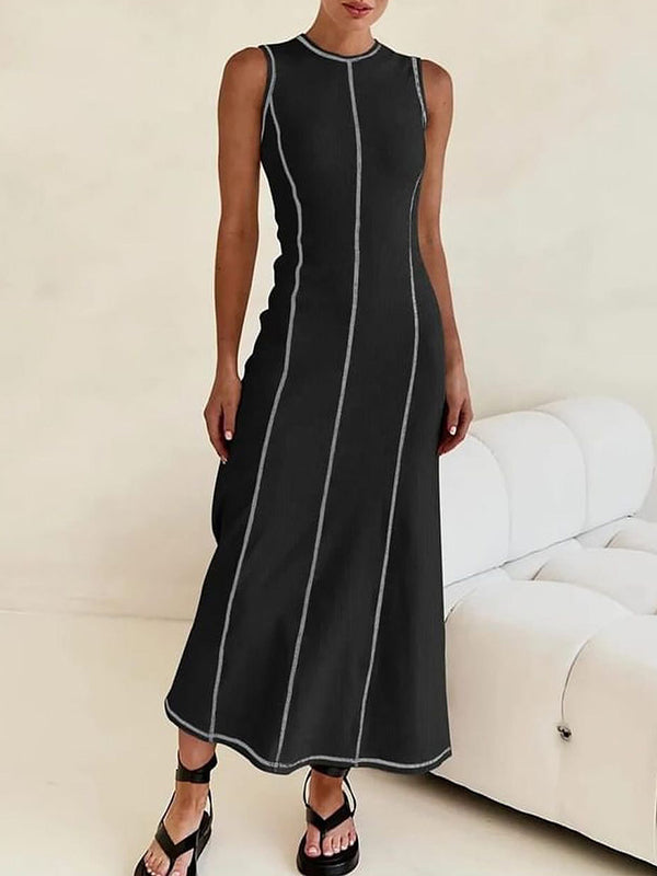 Split-Joint Striped A-Line Sleeveless Round-Neck Maxi Dresses