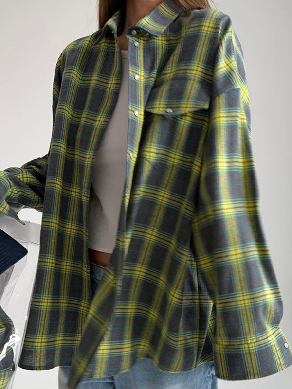 Buttoned Plaid Pockets Split-Joint Long Sleeves Loose Lapel Blouses&shirts Tops