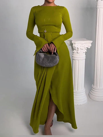 Solid Color Split-Front Bodycon Irregularity Round-Neck Maxi Dresses