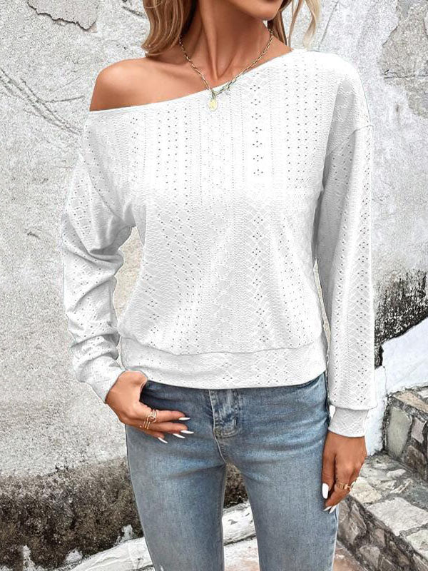 Asymmetric Solid Color Split-Joint Long Sleeves Loose One-Shoulder T-Shirts Tops