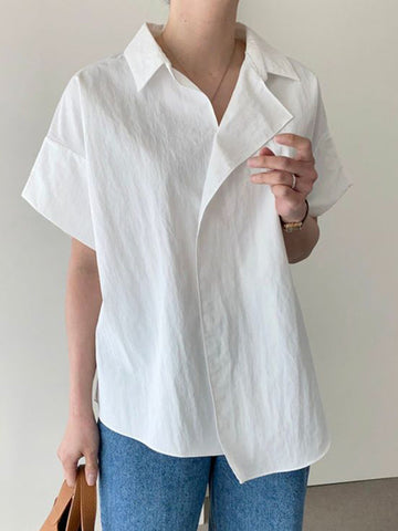 Asymmetric Solid Color Split-Joint Loose Short Sleeves Lapel Blouses&Shirts Tops