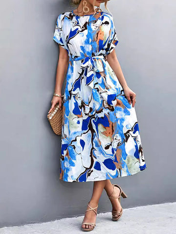 Hollow Printed Tied Waist A-Line Loose Round-Neck Midi Dresses