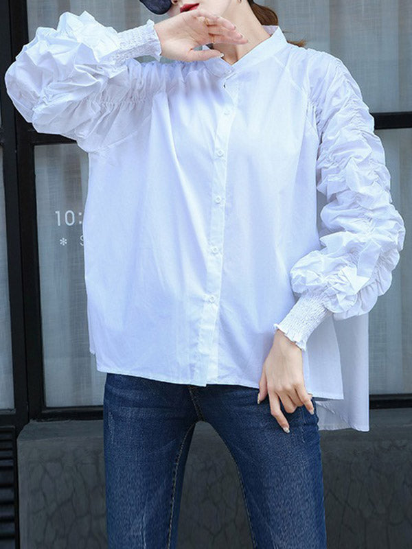 Elasticity Pleated Solid Color Split-Joint High-Low Long Sleeves Round-Neck Blouses