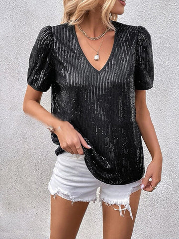 Sequined Shiny Split-Joint Loose Short Sleeves V-Neck T-Shirts