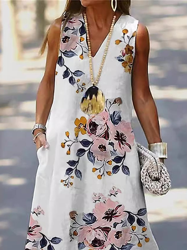 Flower Print Pockets A-line Loose V-neck Maxi Dresses