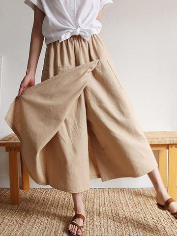 Elasticity Solid Color Split-Joint High Waisted Loose Trousers Pants