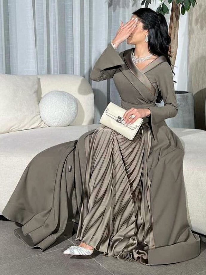 Pleated Solid Color Split-Joint A-Line Wrap V-Neck Maxi Dresses