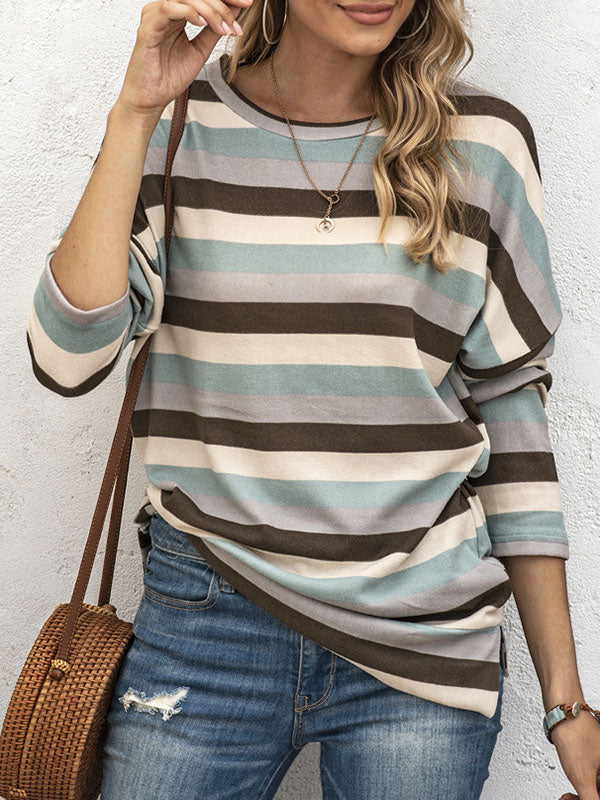 Split-side Striped Long Sleeves Loose Round-neck Sweatshirt Tops