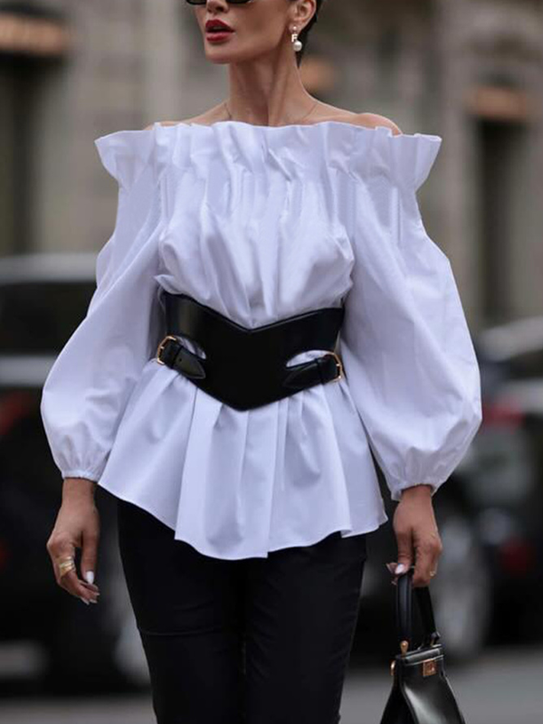 Belted Elasticity Pleated Solid Color Long Sleeves Loose Off-The-Shoulder Blouses&Shirts Tops