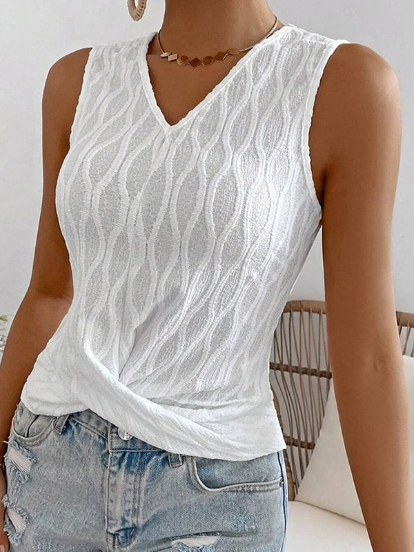 Jacquard Knot Solid Color Sleeveless V-Neck Vest Top