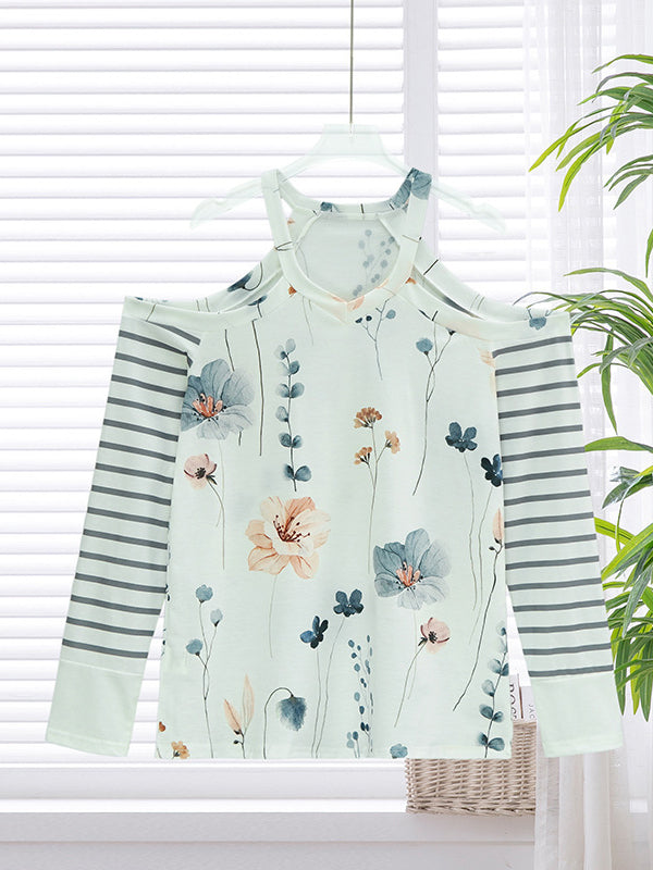 Flower Print Hollow Split-Joint Striped Long Sleeves Loose Cold Shoulder T-Shirts Tops