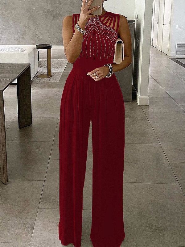 Hollow Rhinestone Sleeveless Wide Leg Jumpsuits