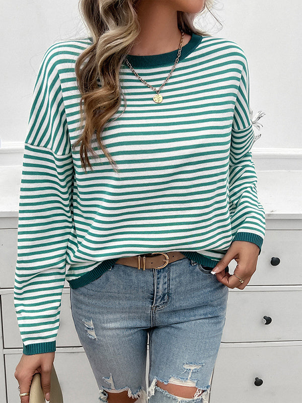 Split-Joint Striped Long Sleeves Loose Round-Neck Sweater Tops Pullovers