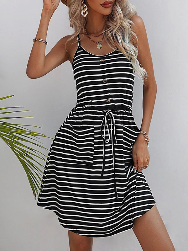 Buttoned Contrast Color Drawstring Pockets Striped A-Line Loose Spaghetti-Neck Mini Dresses