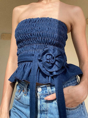 Elasticity Pleated Ruffled Three-Dimensional Flower Tied Waist Skinny Sleeveless Tube Vest Top