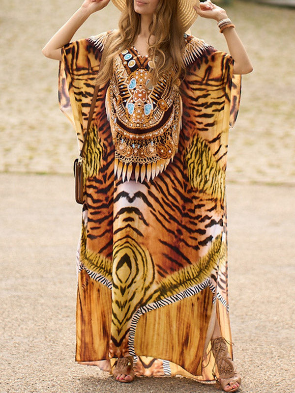 Printed Split-side Tiger Skin Pattern Batwing Sleeves Loose V-neck Maxi Dresses Beach Cover-Up