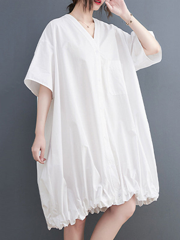 Elasticity Solid Color Half Sleeves Loose V-Neck Mini Dresses