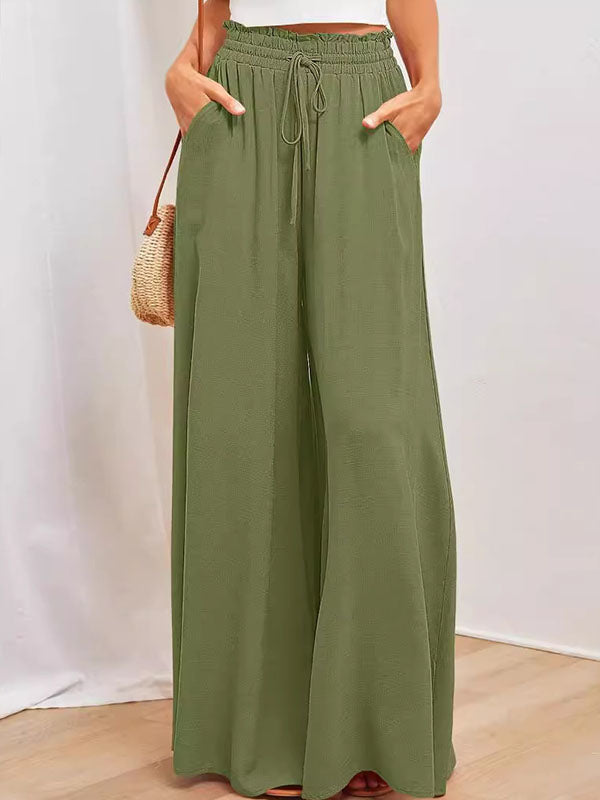 Drawstring Elasticity Pockets Solid Color High Waisted Loose Trousers Pants