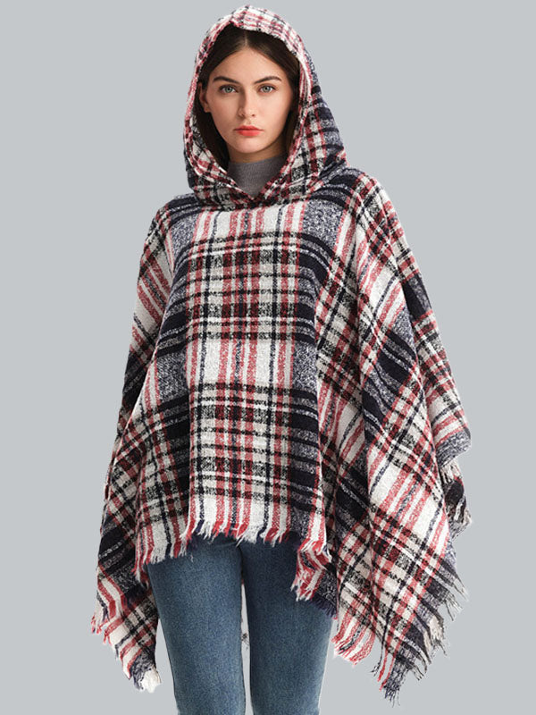 Fringed Hooded Keep Warm Plaid Shawl&Cloak Cape