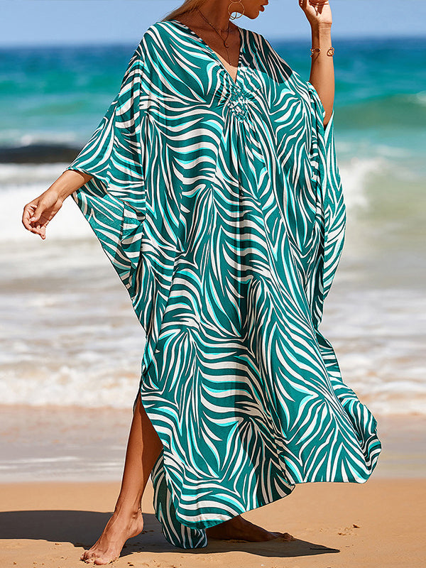 Split-Joint Split-Side Sun Protection Zebra-Stripe Batwing Sleeves Loose V-Neck Maxi Dresses Beach Cover-Up