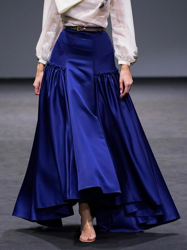 Belted Pleated Solid Color Split-Joint A-Line Loose Skirts Bottoms