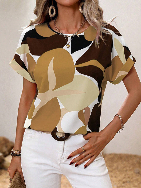 Contrast Color Hollow Printed Split-Joint Loose Short Sleeves Round-neck T-Shirts Tops