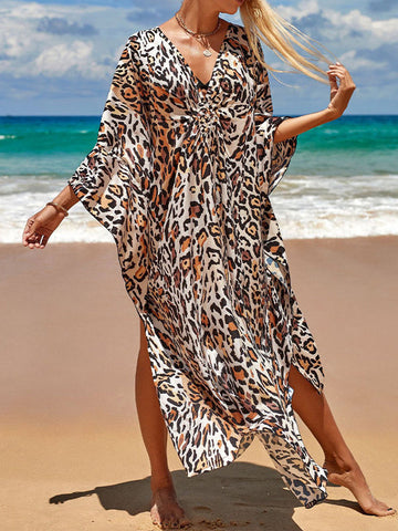 Leopard Split-Joint Split-Side Sun Protection Batwing Sleeves Loose V-Neck Maxi Dresses Beach Cover-Up