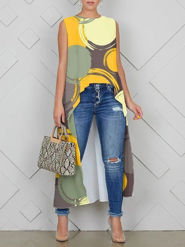 Printed High-low Loose Round-neck Vest Top