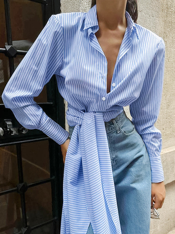 Buttoned Pleated Split-Joint Striped Tied Waist Long Sleeves Loose Lapel Blouses&shirts Tops