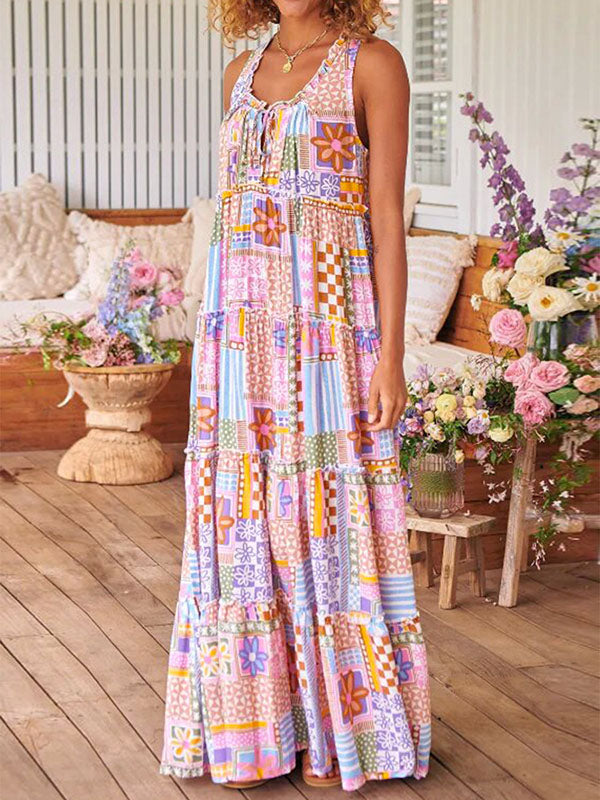 Contrast Color Flower Print Plaid Printed Loose Sleeveless Round-Neck Maxi Dresses