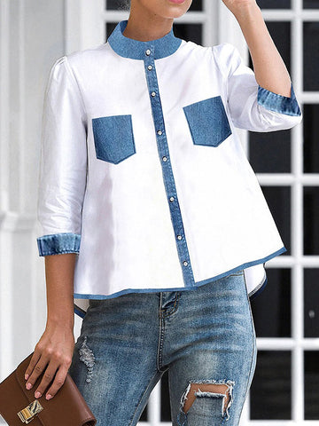 Buttoned Pockets A-Line High-Low Mock Neck Blouses&Shirts Tops