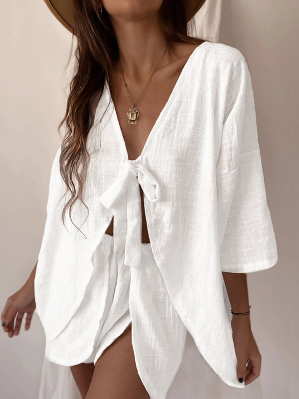 Solid Color Tied Half Sleeves V-Neck Shirts Top + High Waisted Elasticity Shorts Bottom Two Pieces Set