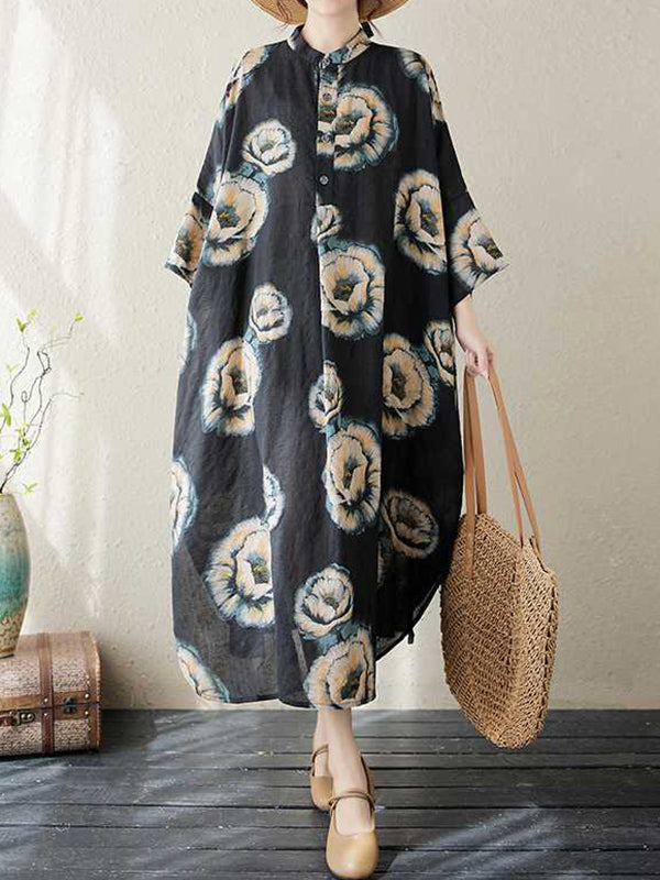 Buttoned Flower Print Loose Three-quarter Sleeves Stand Collar Midi Dresses