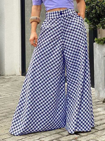 Buttoned Plaid Pockets High Waisted Loose Trousers Pants