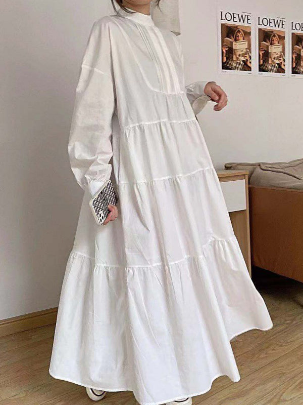 Buttoned Hollow Pleated Pockets Solid Color Split-Joint A-line Long Sleeves Mock Neck Midi Dresses