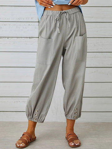 Buttoned Drawstring Elasticity Pockets Split-Joint High Waisted Loose Trousers Ninth Pants