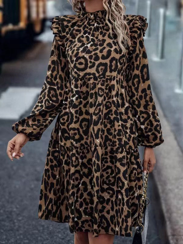 Leopard Pleated Split-Joint Loose Puff Sleeves Stand Collar Midi Dresses