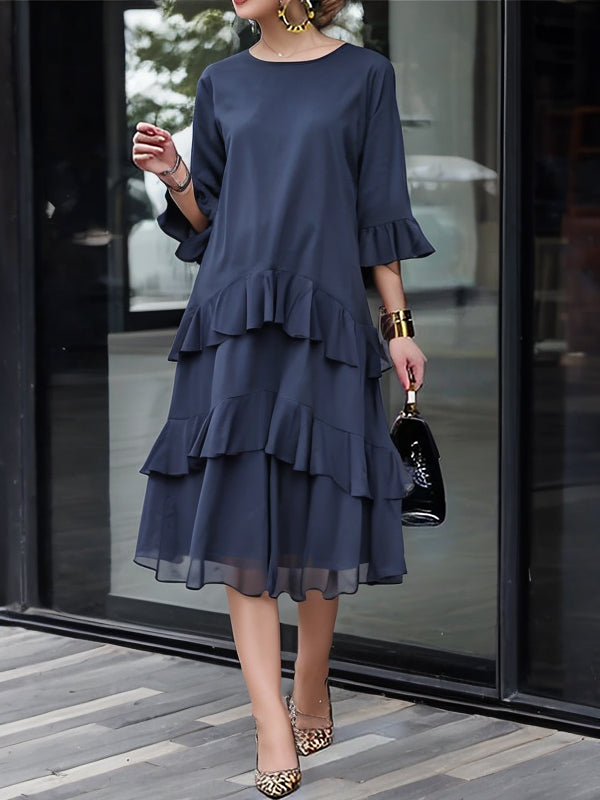 Layered Ruffle Trim Solid Color Zipper Half Sleeves Loose Round-neck Midi Dresses