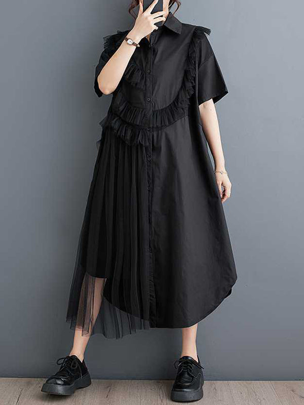 Asymmetric Buttoned Ruffled Pure Color Split-Joint A-Line Half Sleeves Lapel Shirt Dress Midi Dresses